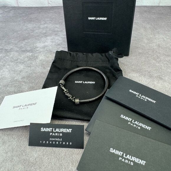 Yves Saint Laurent Black Leather Textured Bracelet - Picture 8 of 8